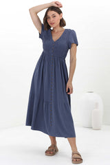 Stephan Midi Dress - Cap Sleeve Tortoiseshell Button-Down Tiered Dress in Navy