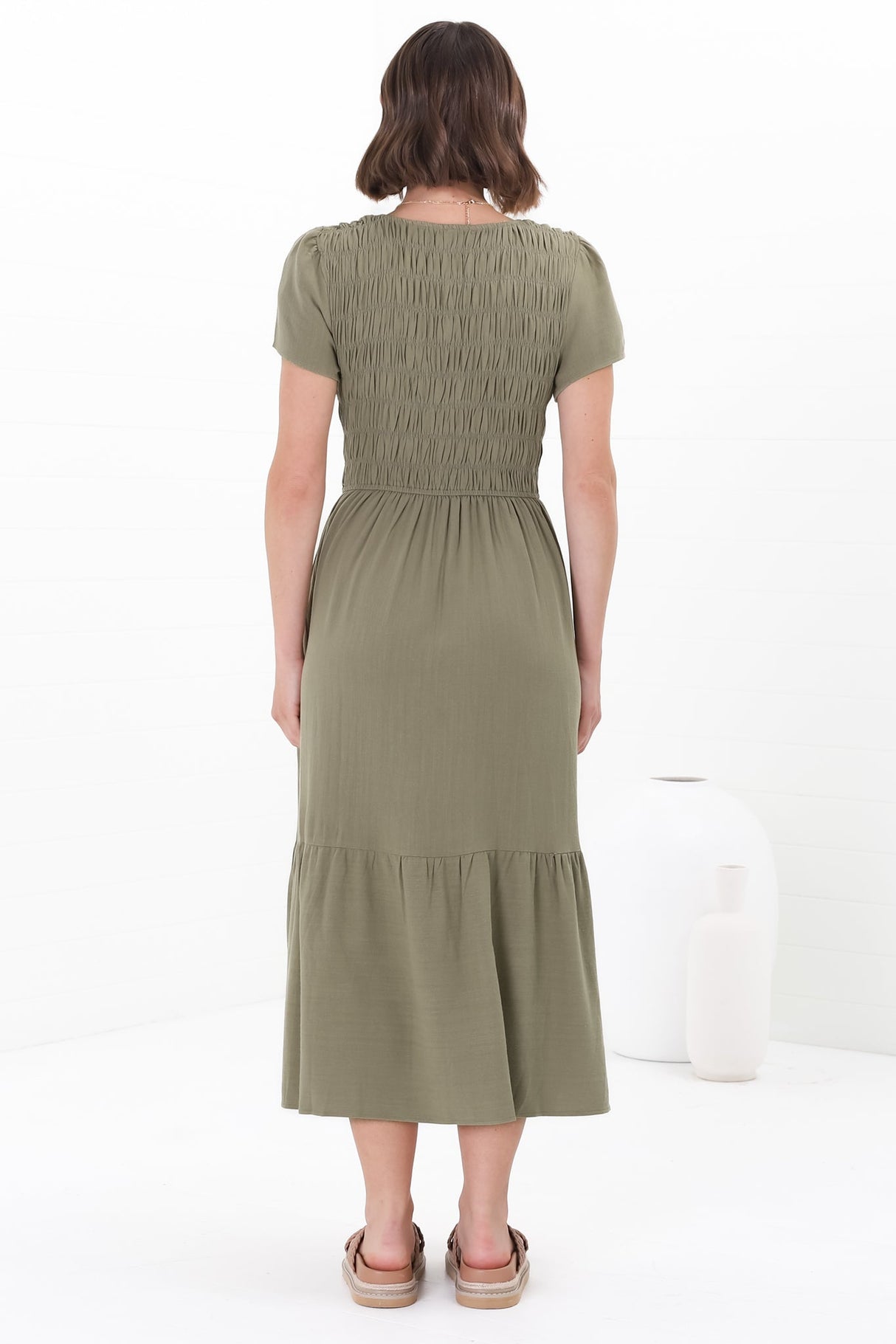 Stephan Midi Dress - Cap Sleeve Tortoiseshell Button-Down Tiered Dress in Olive