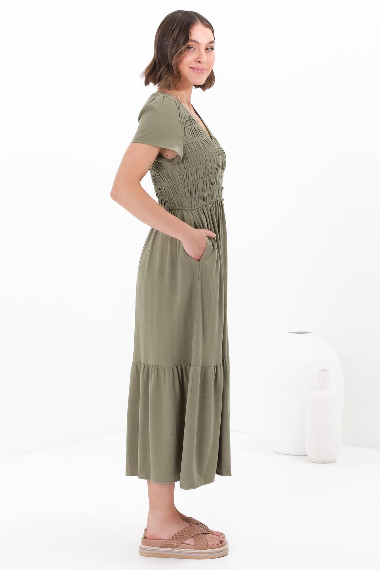 Stephan Midi Dress - Cap Sleeve Tortoiseshell Button-Down Tiered Dress in Olive