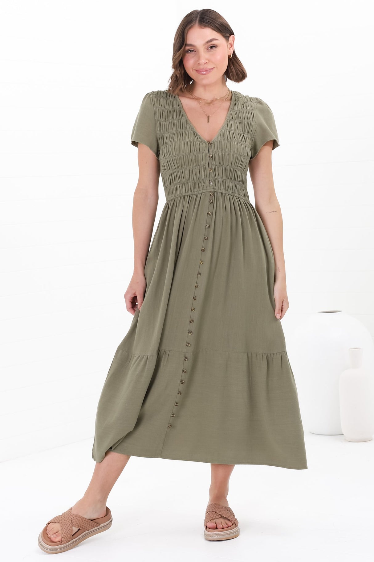 Stephan Midi Dress - Cap Sleeve Tortoiseshell Button-Down Tiered Dress in Olive