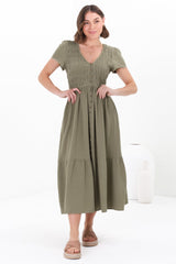 Stephan Midi Dress - Cap Sleeve Tortoiseshell Button-Down Tiered Dress in Olive