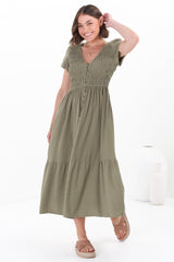 Stephan Midi Dress - Cap Sleeve Tortoiseshell Button-Down Tiered Dress in Olive