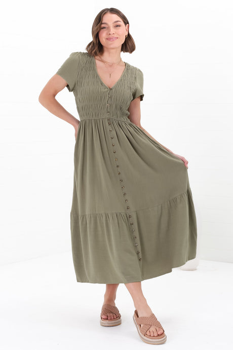 Stephan Midi Dress - Cap Sleeve Tortoiseshell Button-Down Tiered Dress in Olive