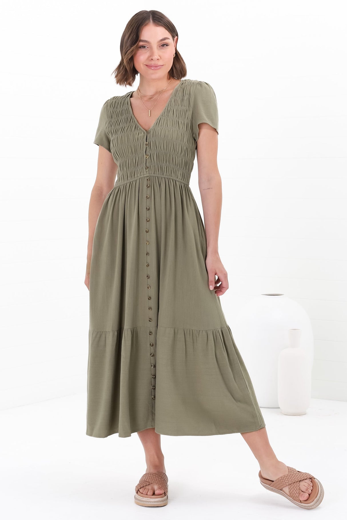 Stephan Midi Dress - Cap Sleeve Tortoiseshell Button-Down Tiered Dress in Olive