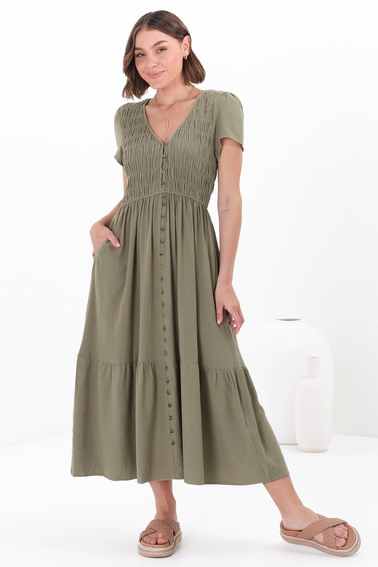 Stephan Midi Dress - Cap Sleeve Tortoiseshell Button-Down Tiered Dress in Olive