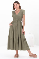 Stephan Midi Dress - Cap Sleeve Tortoiseshell Button-Down Tiered Dress in Olive