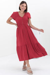 Stephan Midi Dress - Cap Sleeve Tortoiseshell Button-Down Tiered Dress in Red