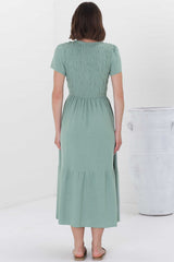 Stephan Midi Dress - Cap Sleeve Tortoiseshell Button-Down Tiered Dress in Sage