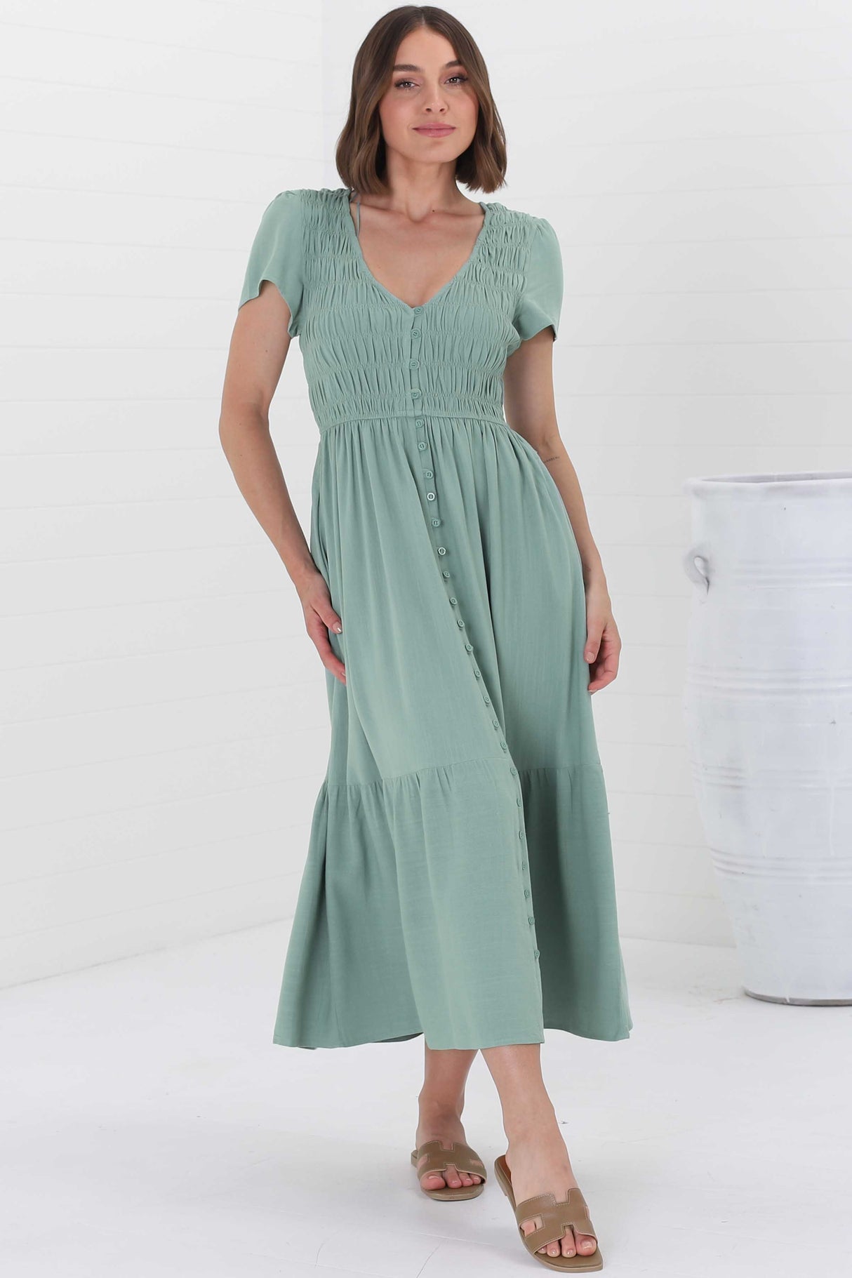 Stephan Midi Dress - Cap Sleeve Tortoiseshell Button-Down Tiered Dress in Sage