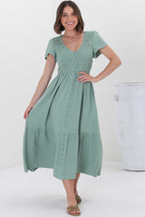 Stephan Midi Dress - Cap Sleeve Tortoiseshell Button-Down Tiered Dress in Sage