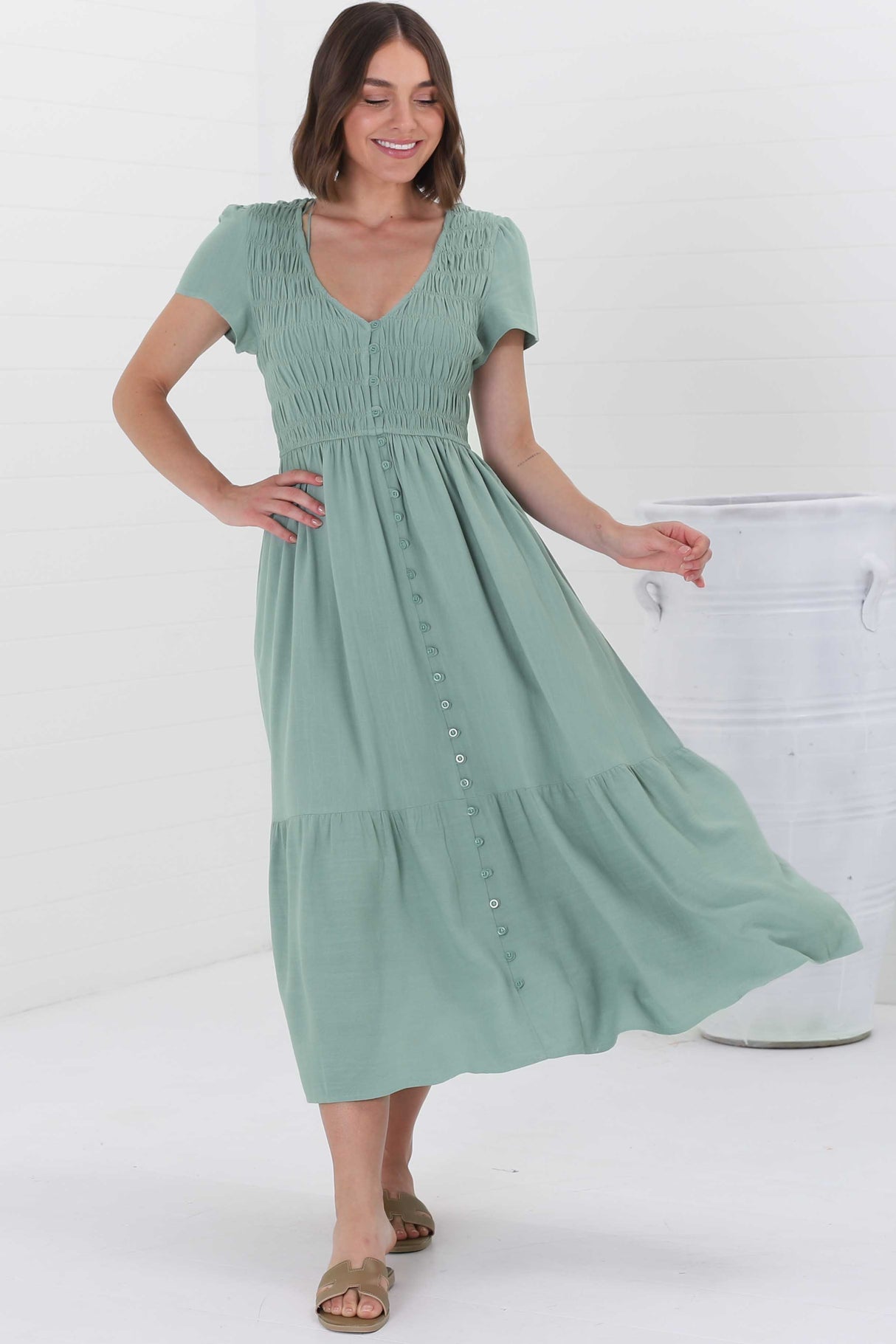 Stephan Midi Dress - Cap Sleeve Tortoiseshell Button-Down Tiered Dress in Sage