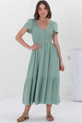 Stephan Midi Dress - Cap Sleeve Tortoiseshell Button-Down Tiered Dress in Sage