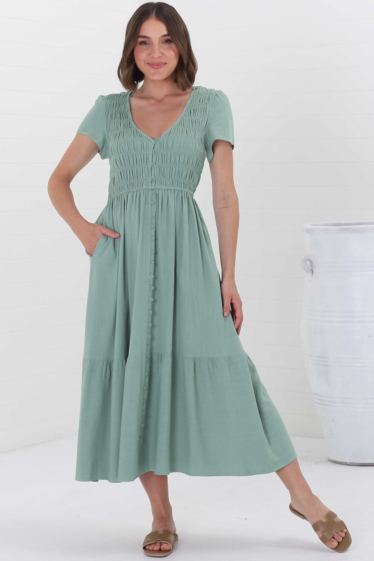 Stephan Midi Dress - Cap Sleeve Tortoiseshell Button-Down Tiered Dress in Sage