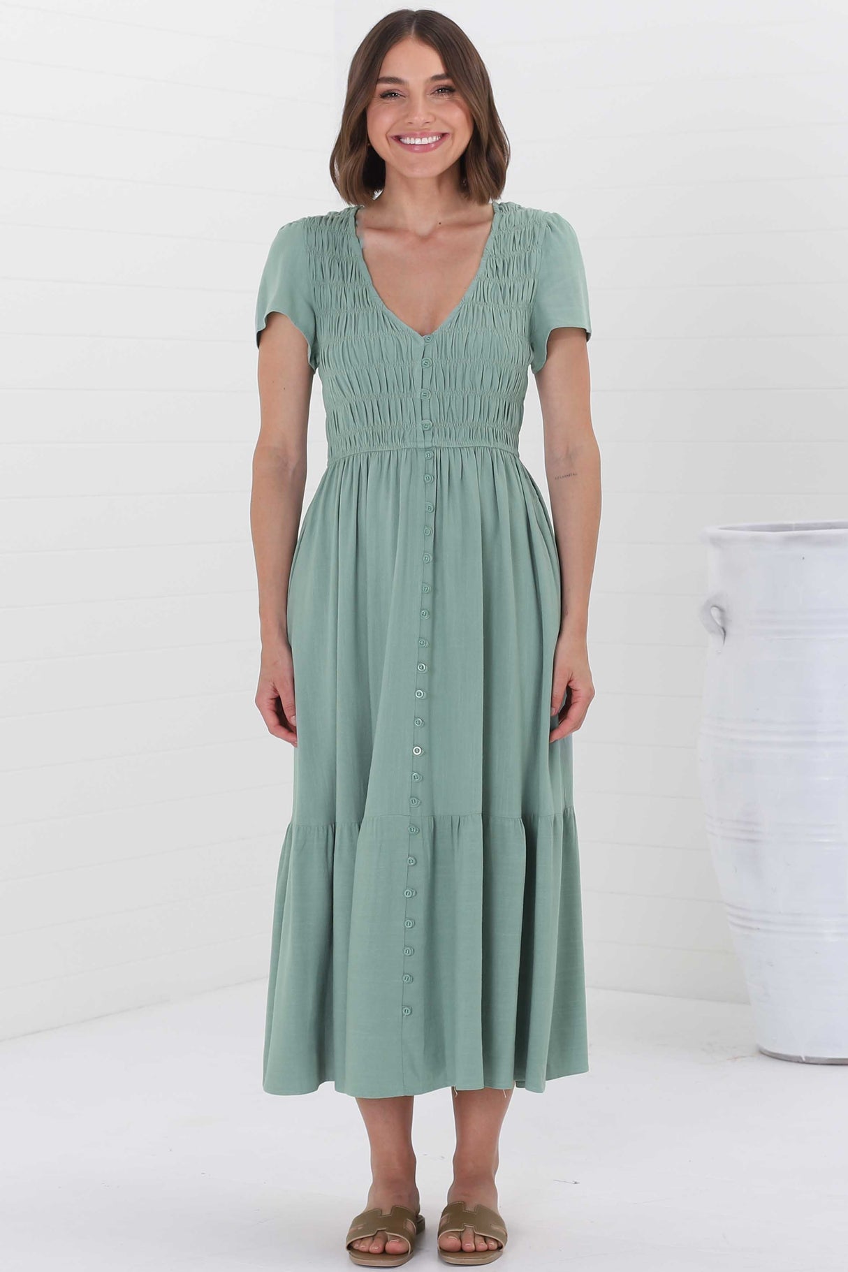 Stephan Midi Dress - Cap Sleeve Tortoiseshell Button-Down Tiered Dress in Sage