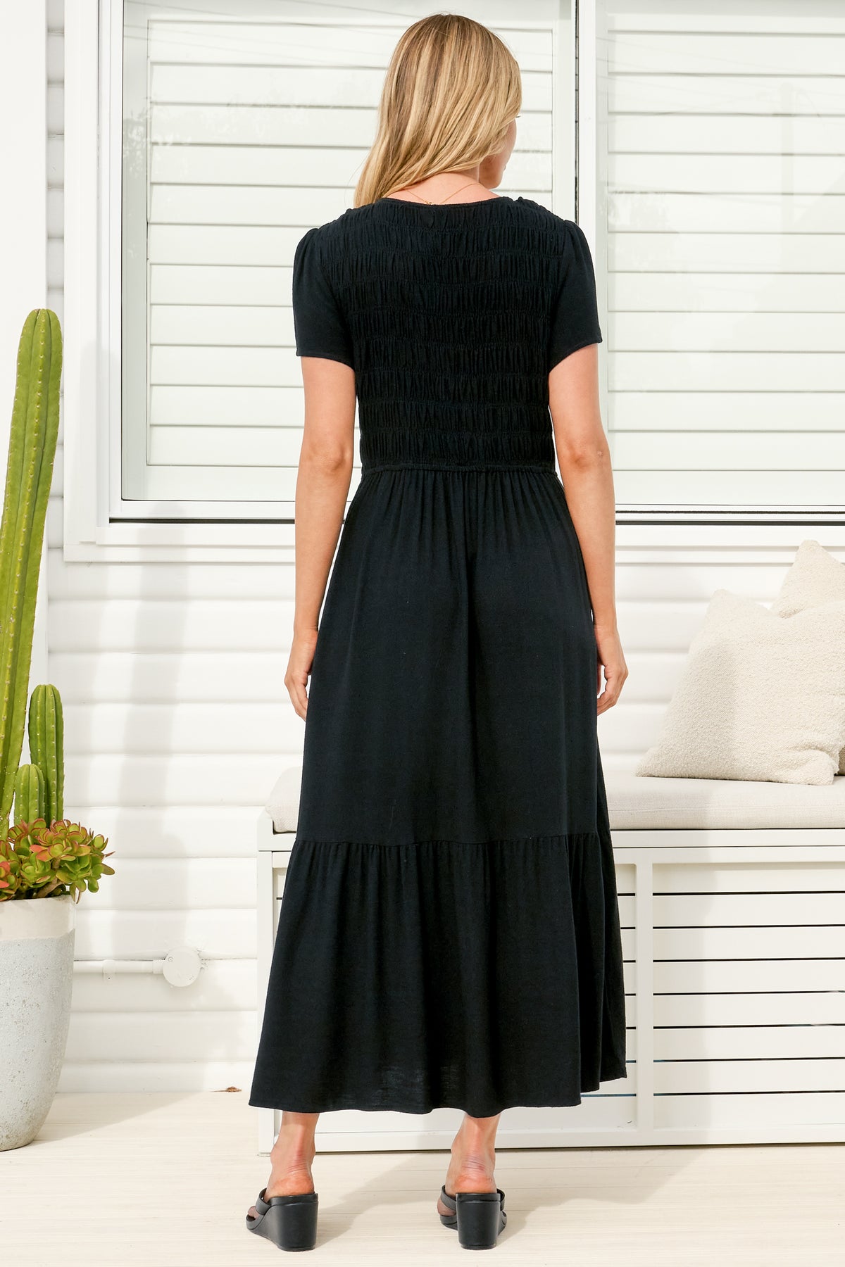 Stephan Midi Dress - Cap Sleeve Tortoiseshell Button-Down Tiered Dress in Black
