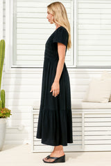 Stephan Midi Dress - Cap Sleeve Tortoiseshell Button-Down Tiered Dress in Black