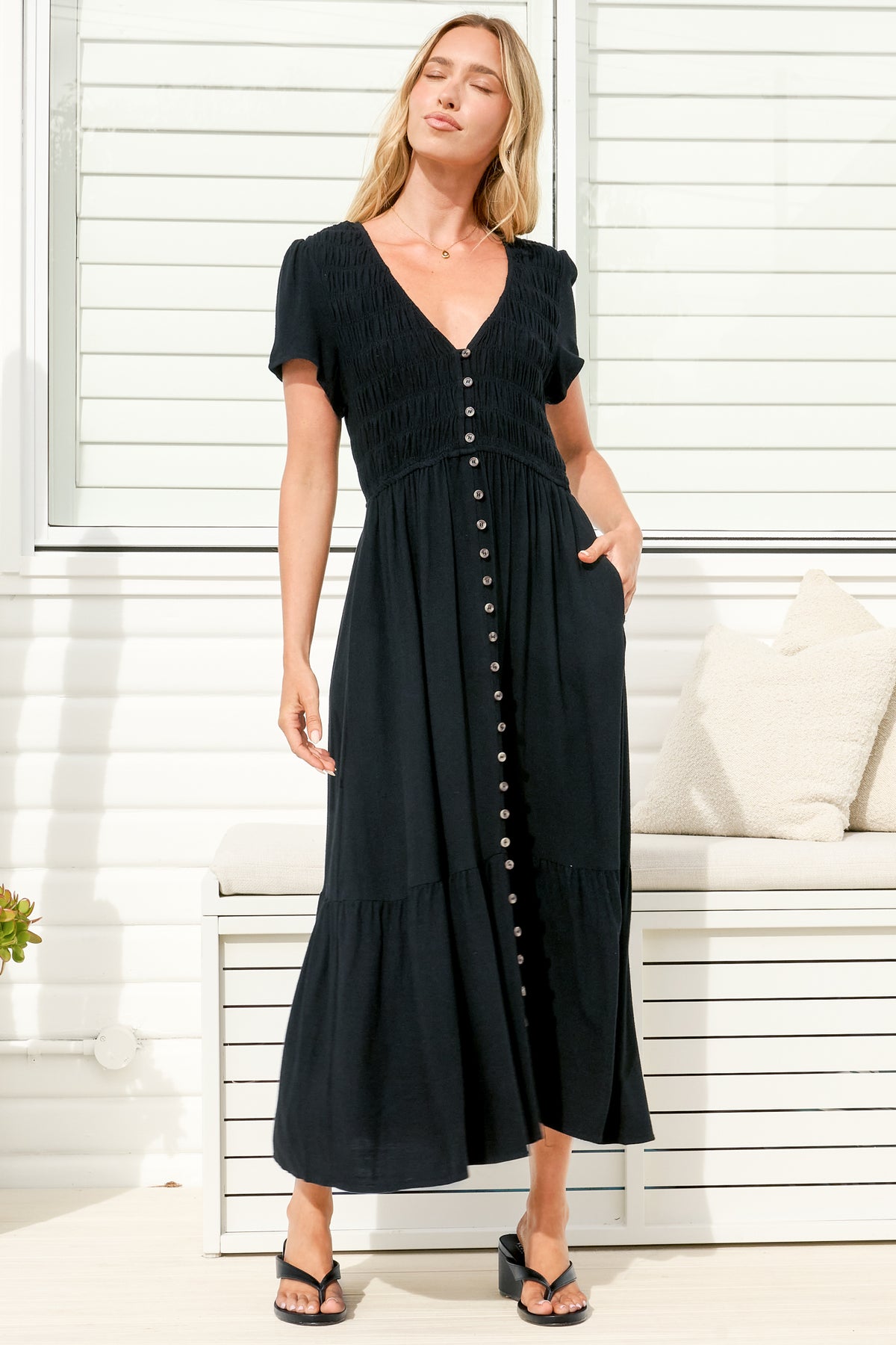 Stephan Midi Dress - Cap Sleeve Tortoiseshell Button-Down Tiered Dress in Black