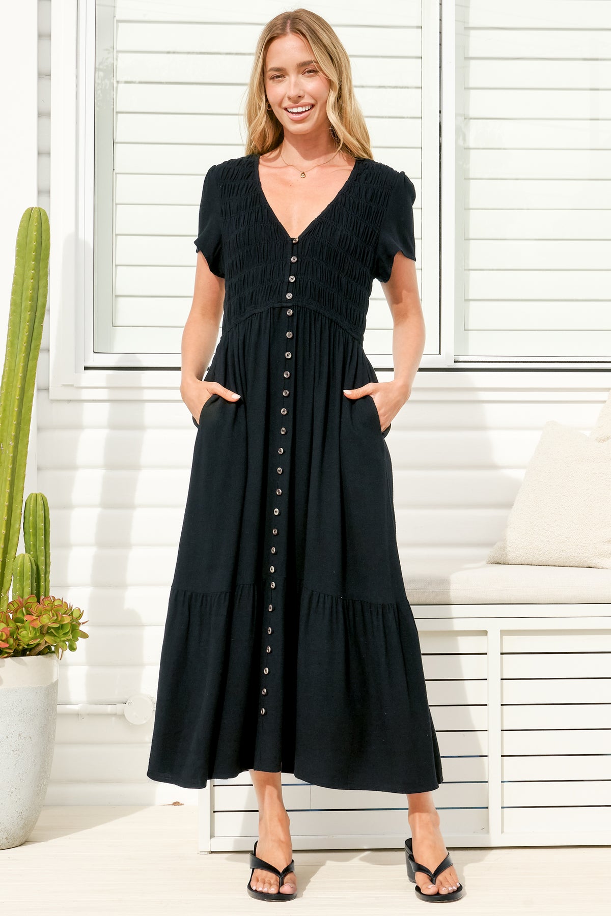 Stephan Midi Dress - Cap Sleeve Tortoiseshell Button-Down Tiered Dress in Black