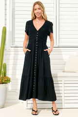 Stephan Midi Dress - Cap Sleeve Tortoiseshell Button-Down Tiered Dress in Black
