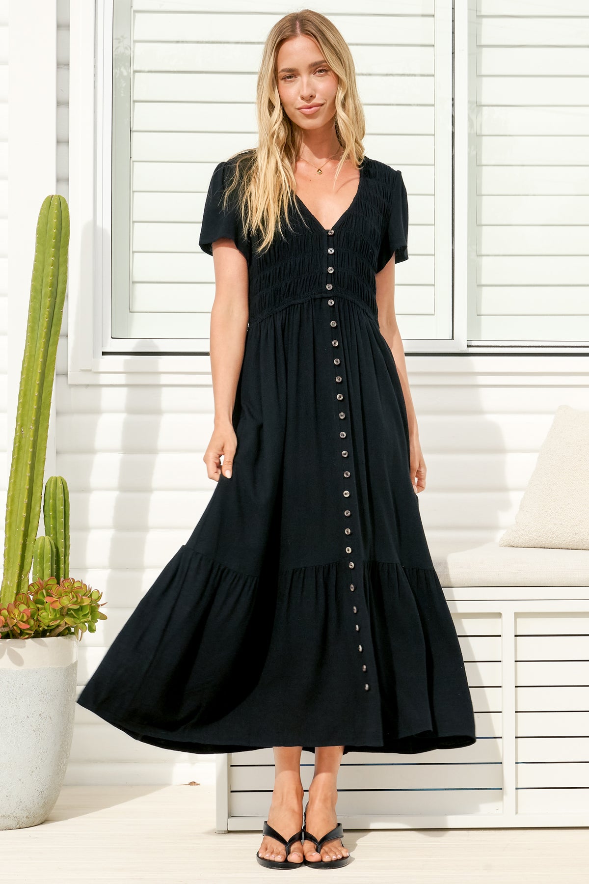 Stephan Midi Dress - Cap Sleeve Tortoiseshell Button-Down Tiered Dress in Black
