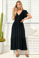 Stephan Midi Dress - Cap Sleeve Tortoiseshell Button-Down Tiered Dress in Black