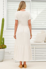 Stephan Midi Dress - Cap Sleeve Tortoiseshell Button-Down Tiered Dress in Cream