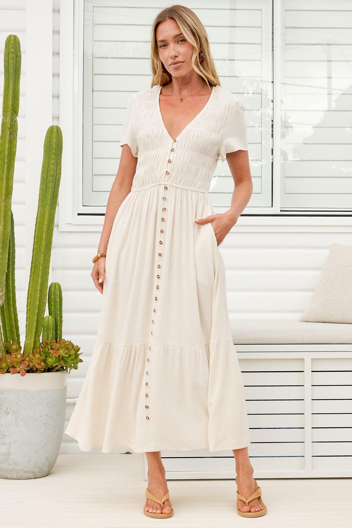 Stephan Midi Dress - Cap Sleeve Tortoiseshell Button-Down Tiered Dress in Cream
