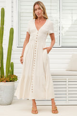 Stephan Midi Dress - Cap Sleeve Tortoiseshell Button-Down Tiered Dress in Cream