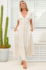 Stephan Midi Dress - Cap Sleeve Tortoiseshell Button-Down Tiered Dress in Cream