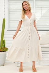 Stephan Midi Dress - Cap Sleeve Tortoiseshell Button-Down Tiered Dress in Cream
