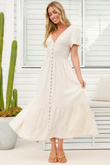 Stephan Midi Dress - Cap Sleeve Tortoiseshell Button-Down Tiered Dress in Cream