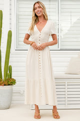 Stephan Midi Dress - Cap Sleeve Tortoiseshell Button-Down Tiered Dress in Cream