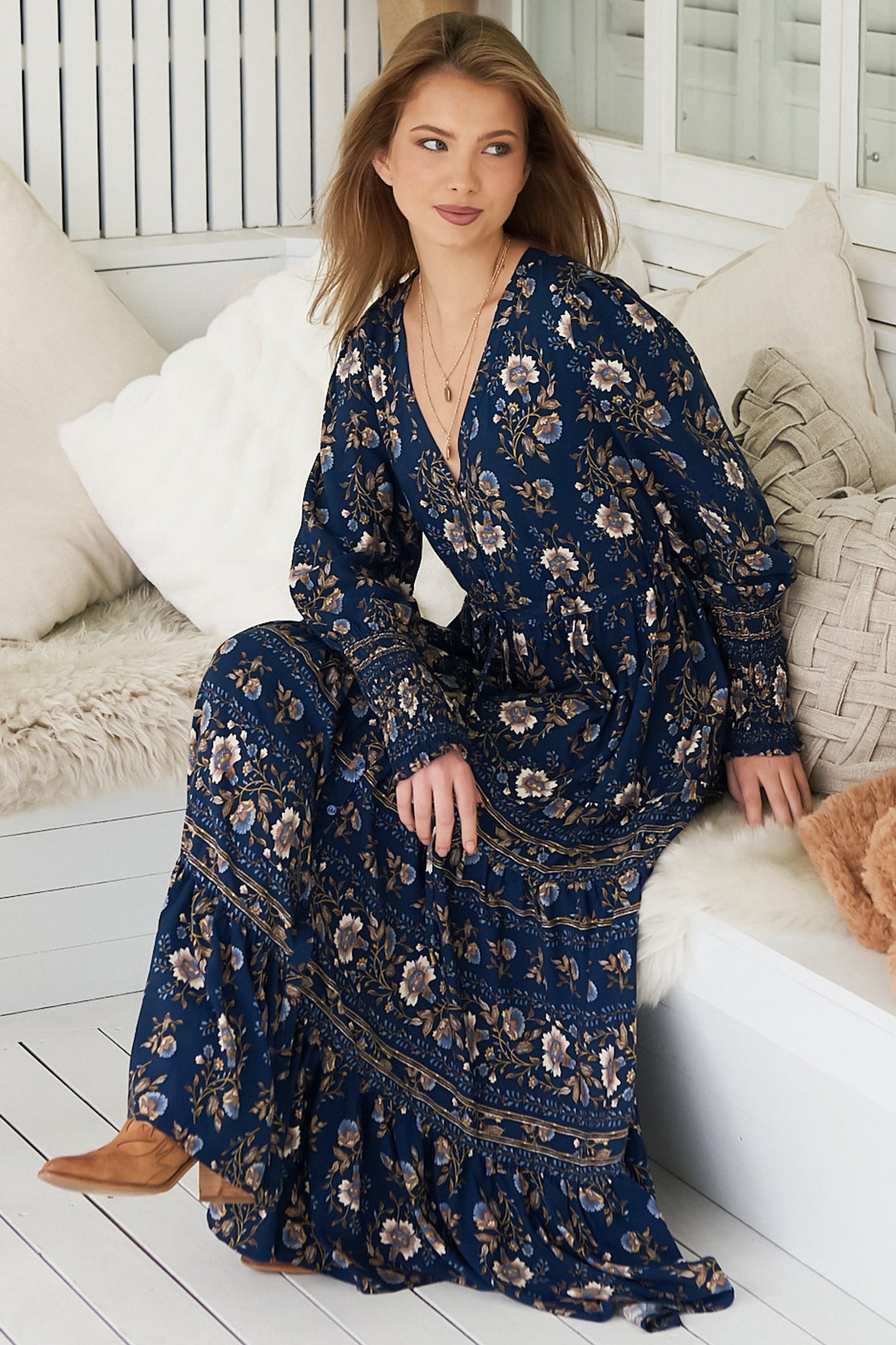 JAASE - Stephanie Maxi Dress: V Neckline with Buttoned Bodice in Adeline Print