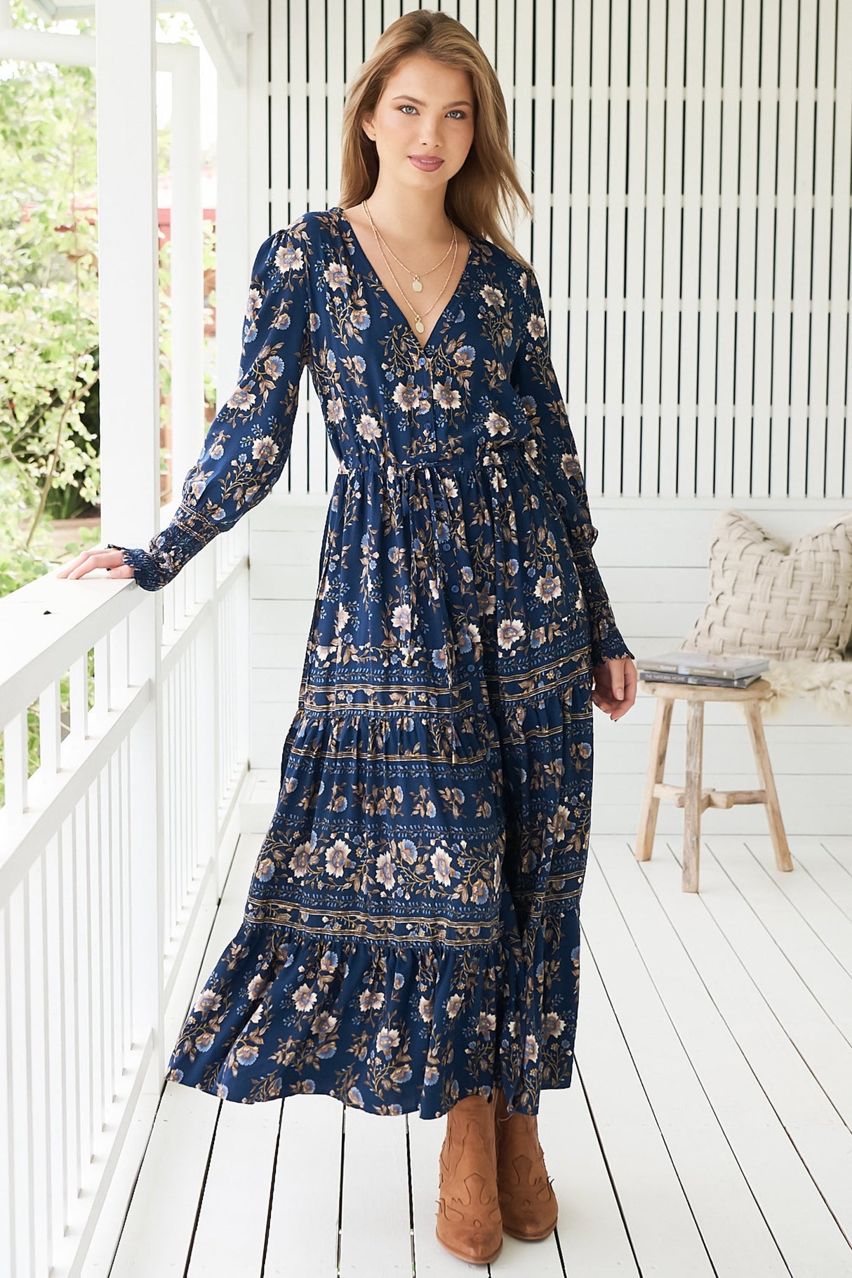 JAASE - Stephanie Maxi Dress: V Neckline with Buttoned Bodice in Adeline Print