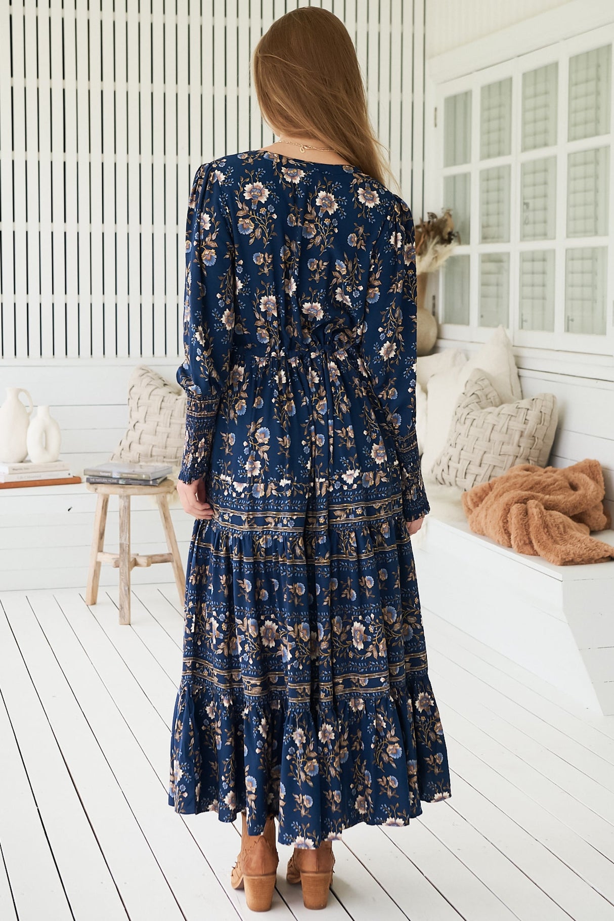 JAASE - Stephanie Maxi Dress: V Neckline with Buttoned Bodice in Adeline Print