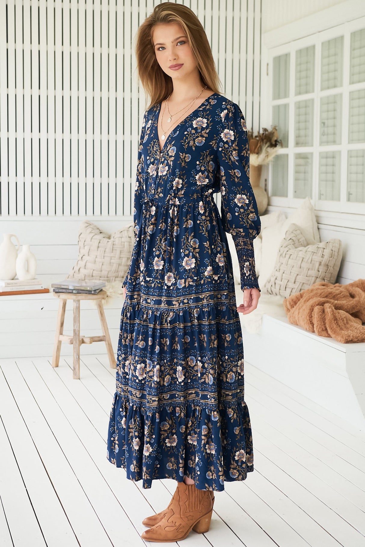 JAASE - Stephanie Maxi Dress: V Neckline with Buttoned Bodice in Adeline Print