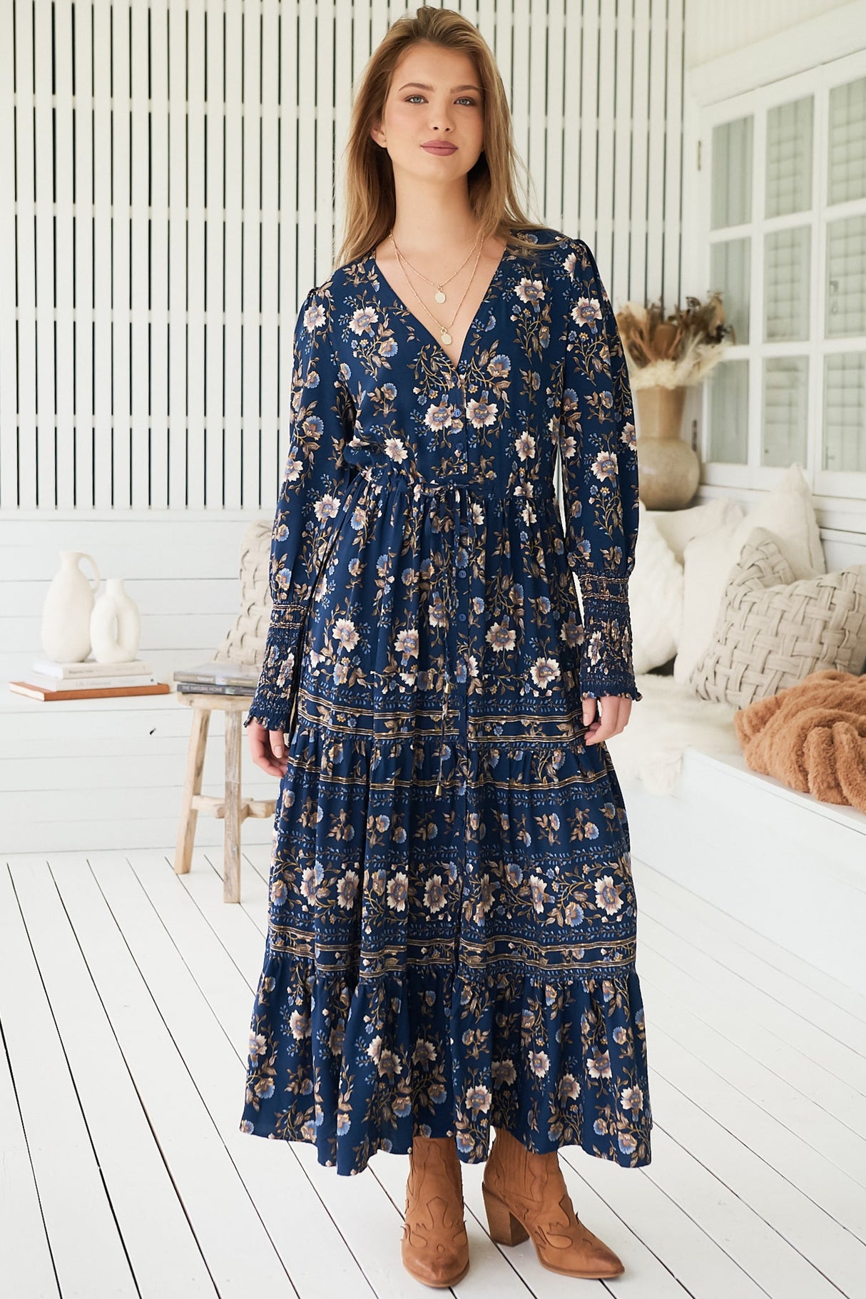 JAASE - Stephanie Maxi Dress: V Neckline with Buttoned Bodice in Adeline Print