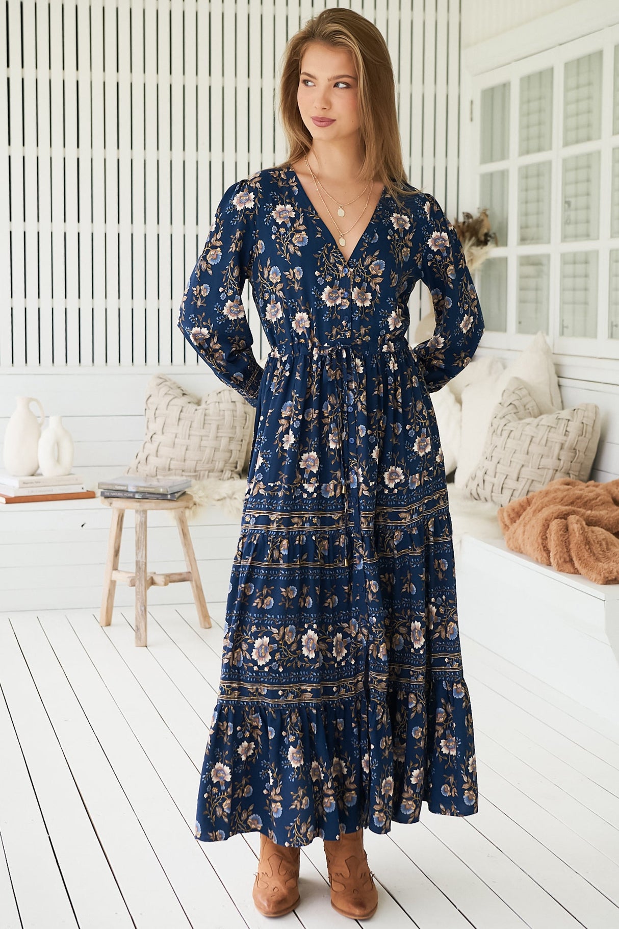 JAASE - Stephanie Maxi Dress: V Neckline with Buttoned Bodice in Adeline Print