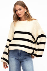 Sterling Jumper - Crew Neck Stripe Cotton Jumper in Ivory/Black