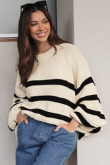 Sterling Jumper - Crew Neck Stripe Cotton Jumper in Ivory/Black