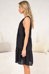 Stevie Mini Dress - Scoop Neck Tiered Sleeveless Dress with Pockets in Black