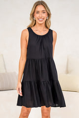 Stevie Mini Dress - Scoop Neck Tiered Sleeveless Dress with Pockets in Black