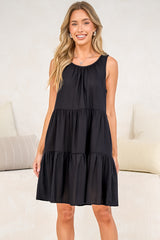 Stevie Mini Dress - Scoop Neck Tiered Sleeveless Dress with Pockets in Black