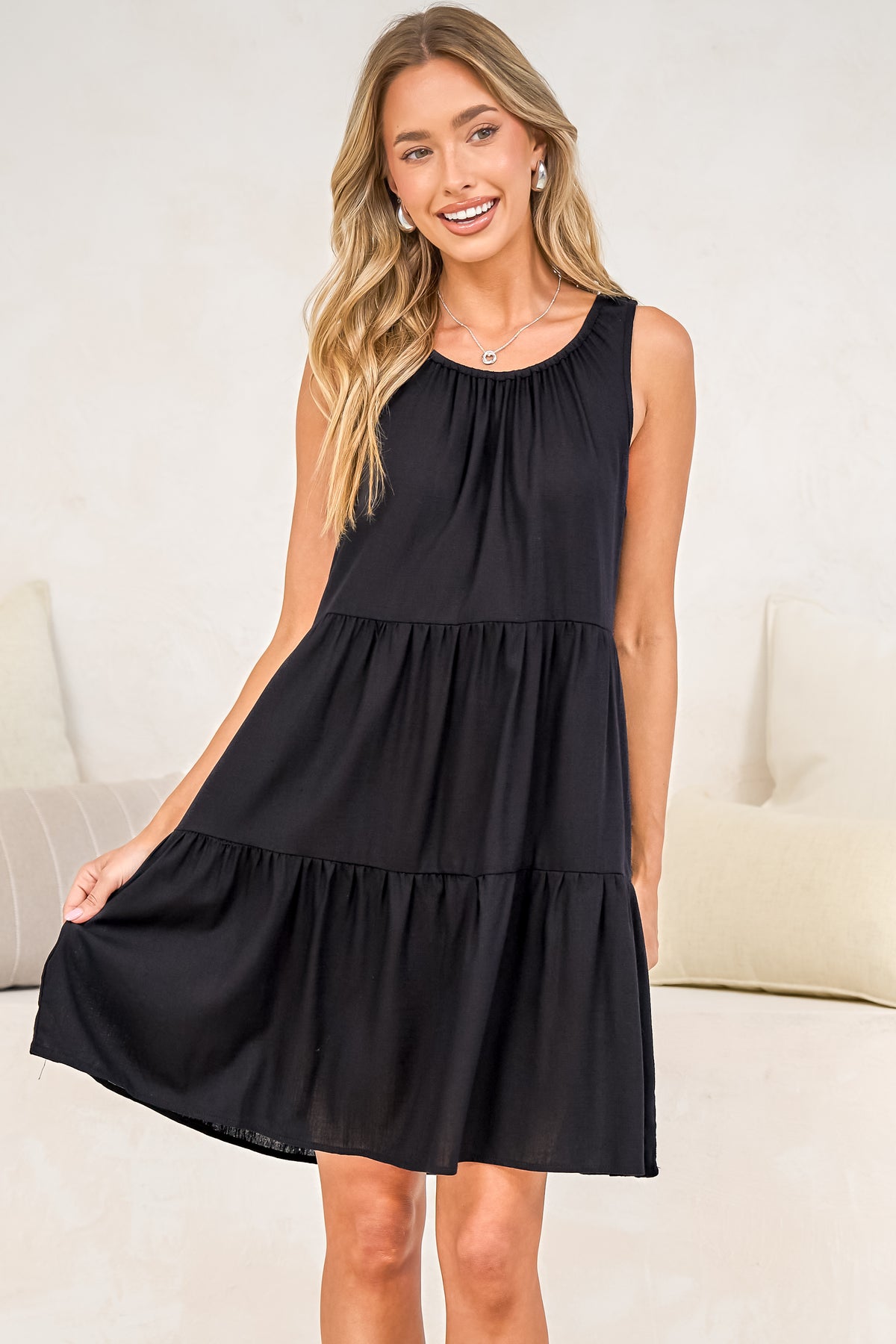 Stevie Mini Dress - Scoop Neck Tiered Sleeveless Dress with Pockets in Black