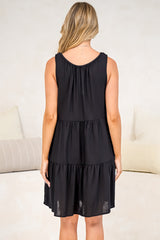 Stevie Mini Dress - Scoop Neck Tiered Sleeveless Dress with Pockets in Black