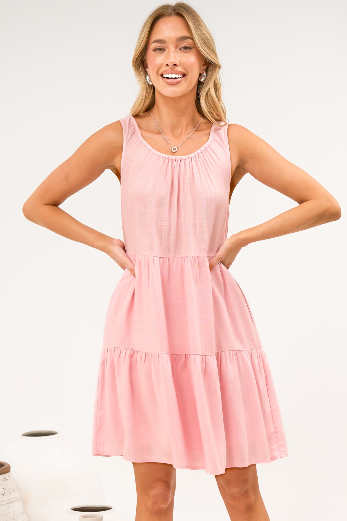 Stevie Mini Dress - Scoop Neck Tiered Sleeveless Dress with Pockets in Pink