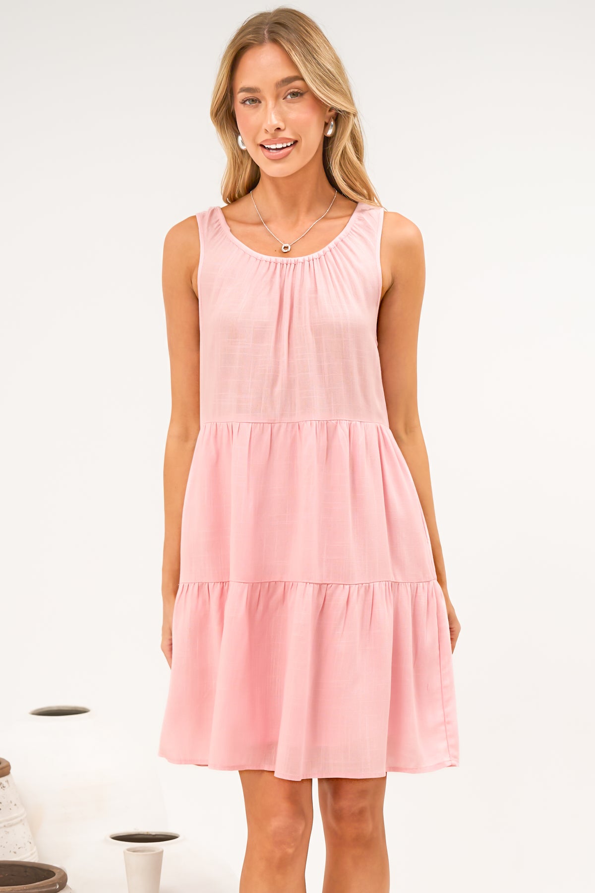 Stevie Mini Dress - Scoop Neck Tiered Sleeveless Dress with Pockets in Pink