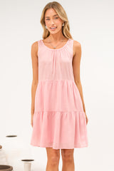 Stevie Mini Dress - Scoop Neck Tiered Sleeveless Dress with Pockets in Pink
