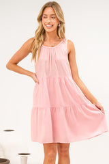 Stevie Mini Dress - Scoop Neck Tiered Sleeveless Dress with Pockets in Pink
