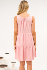 Stevie Mini Dress - Scoop Neck Tiered Sleeveless Dress with Pockets in Pink